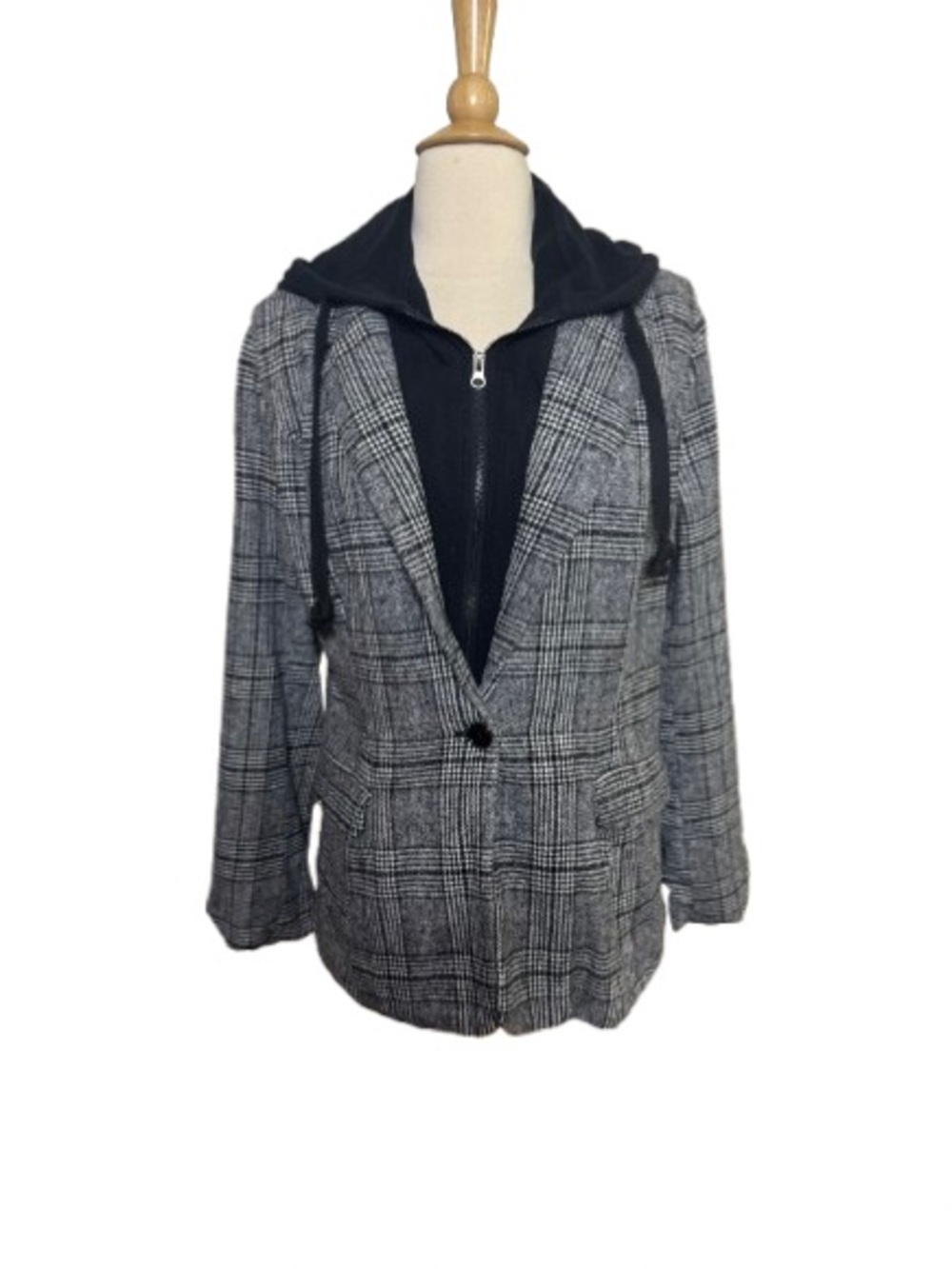 Vintage Gray Plaid Blazer with Black Hooded Layer